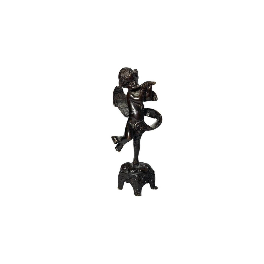Antique Early 1900’s French Cherub Putti Playing Flute Bronze Statuette 5 3/4”